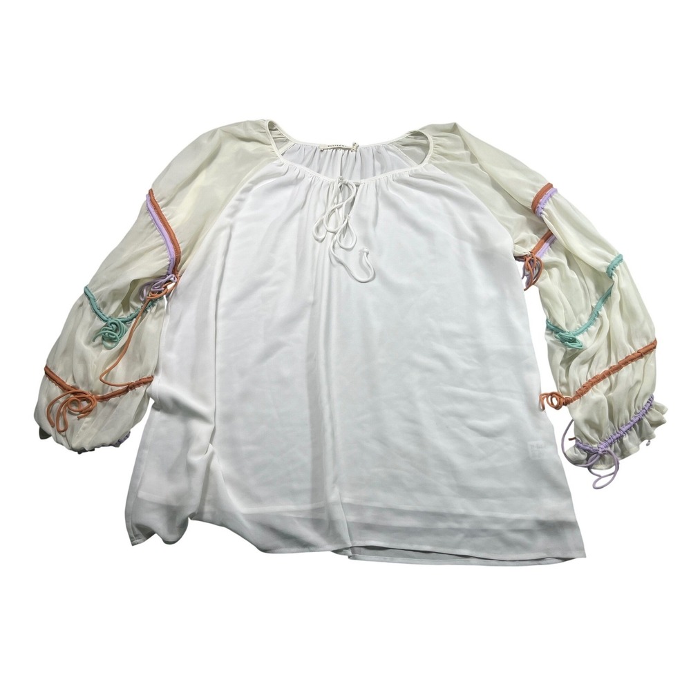 Ellison Medium White Sheer Balloon Sleeve Top Multicolor Tie Boho Blouse